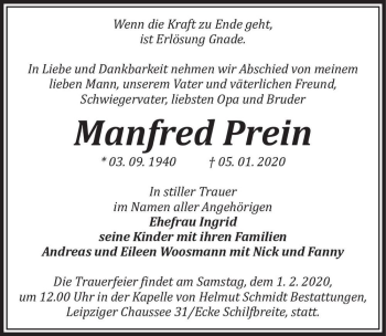 Traueranzeige von Manfred Prein  von Magdeburger Volksstimme