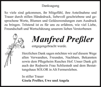 Traueranzeige von Manfred Preßler  von Magdeburger Volksstimme