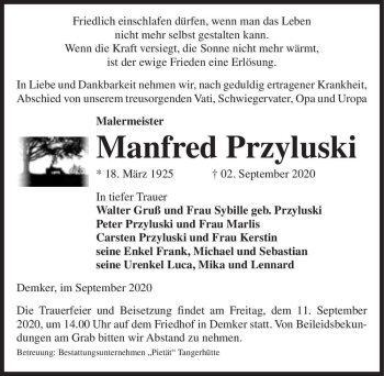 Traueranzeige von Manfred Przyluski  von Magdeburger Volksstimme