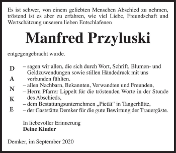 Traueranzeige von Manfred Przyluski  von Magdeburger Volksstimme