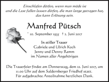 Traueranzeige von Manfred Pütsch  von Magdeburger Volksstimme