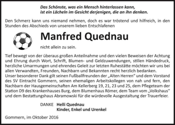 Traueranzeige von Manfred Quednau  von Magdeburger Volksstimme