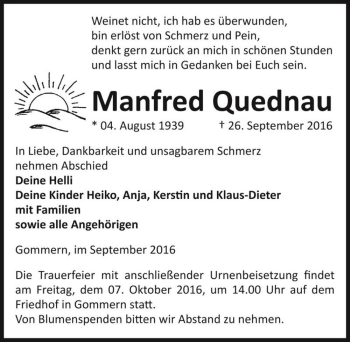 Traueranzeige von Manfred Quednau  von Magdeburger Volksstimme