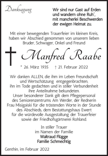 Traueranzeige von Manfred Raabe  von Magdeburger Volksstimme