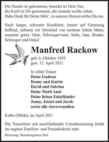 Traueranzeige von Manfred Rackow  von Magdeburger Volksstimme