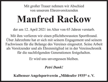 Traueranzeige von Manfred Rackow  von Magdeburger Volksstimme