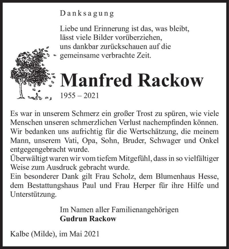  Traueranzeige für Manfred Rackow  vom 21.05.2021 aus Magdeburger Volksstimme