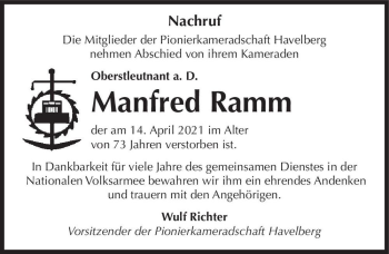 Traueranzeige von Manfred Ramm  von Magdeburger Volksstimme
