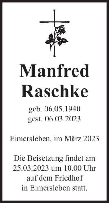 Traueranzeige von Manfred Raschke  von Magdeburger Volksstimme