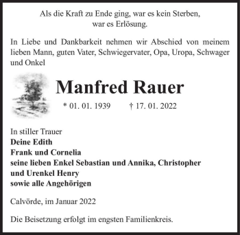 Traueranzeige von Manfred Rauer  von Magdeburger Volksstimme
