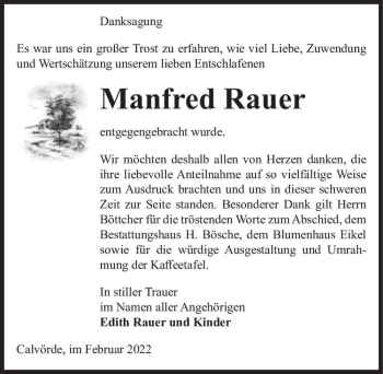 Traueranzeige von Manfred Rauer  von Magdeburger Volksstimme