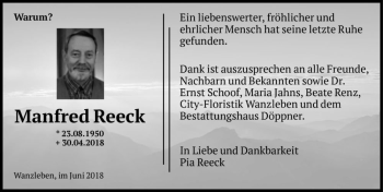 Traueranzeige von Manfred Reeck  von Magdeburger Volksstimme