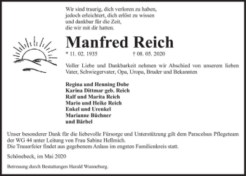 Traueranzeige von Manfred Reich  von Magdeburger Volksstimme