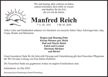 Traueranzeige von Manfred Reich  von Magdeburger Volksstimme