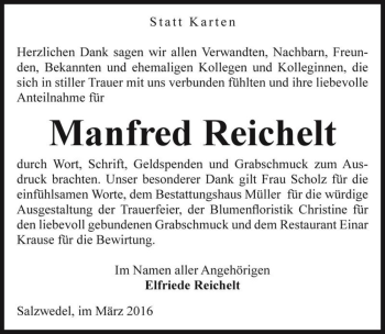 Traueranzeige von Manfred Reichelt  von Magdeburger Volksstimme