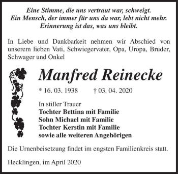 Traueranzeige von Manfred Reinecke  von Magdeburger Volksstimme