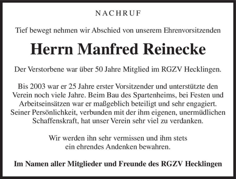  Traueranzeige für Manfred Reinecke  vom 30.04.2020 aus Magdeburger Volksstimme