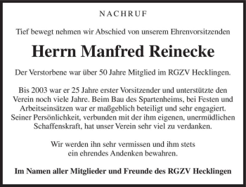 Traueranzeige von Manfred Reinecke  von Magdeburger Volksstimme