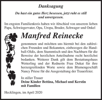 Traueranzeige von Manfred Reinecke  von Magdeburger Volksstimme
