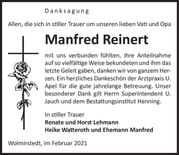 Traueranzeige von Manfred Reinert  von Magdeburger Volksstimme