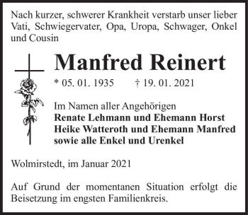 Traueranzeige von Manfred Reinert  von Magdeburger Volksstimme