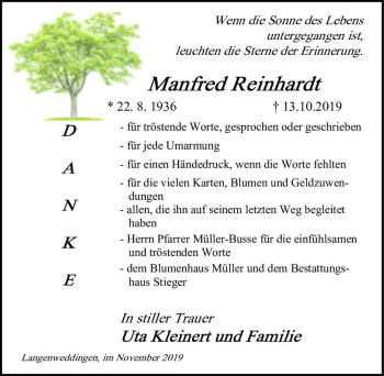 Traueranzeige von Manfred Reinhardt  von Magdeburger Volksstimme