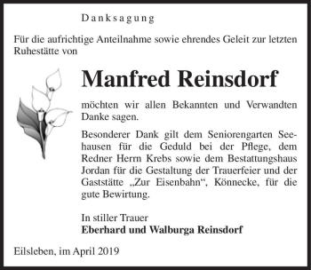 Traueranzeige von Manfred Reinsdorf  von Magdeburger Volksstimme