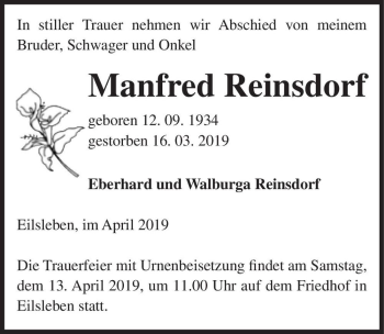 Traueranzeige von Manfred Reinsdorf  von Magdeburger Volksstimme