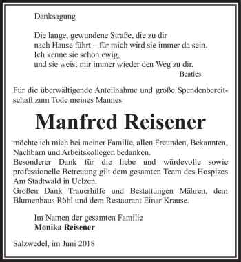 Traueranzeige von Manfred Reisener  von Magdeburger Volksstimme