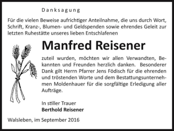 Traueranzeige von Manfred Reisener  von Magdeburger Volksstimme
