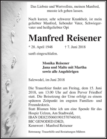 Traueranzeige von Manfred Reisener  von Magdeburger Volksstimme
