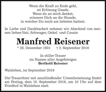 Traueranzeige von Manfred Reisener  von Magdeburger Volksstimme