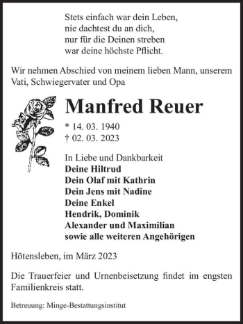 Traueranzeige von Manfred Reuer  von Magdeburger Volksstimme