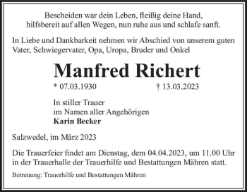 Traueranzeige von Manfred Richert  von Magdeburger Volksstimme