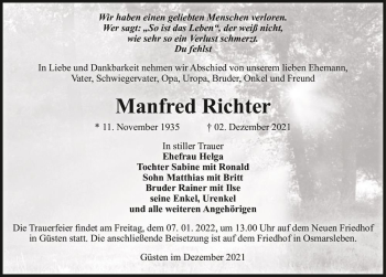 Traueranzeige von Manfred Richter  von Magdeburger Volksstimme