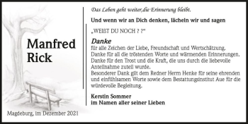 Traueranzeige von Manfred Rick  von Magdeburger Volksstimme