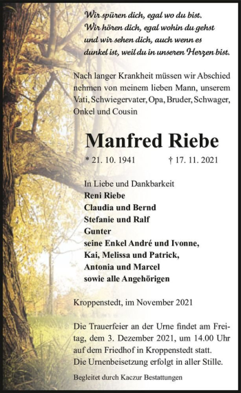 Traueranzeige von Manfred Riebe  von Magdeburger Volksstimme
