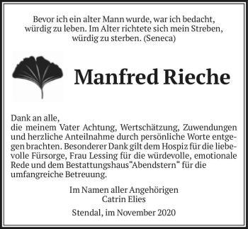 Traueranzeige von Manfred Rieche  von Magdeburger Volksstimme