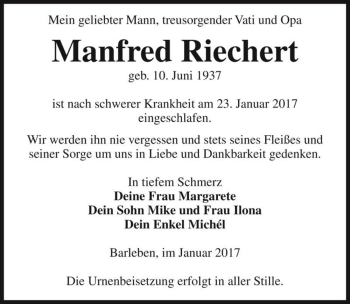Traueranzeige von Manfred Riechert  von Magdeburger Volksstimme