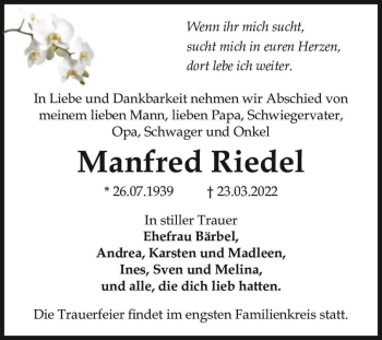 Traueranzeige von Manfred Riedel  von Magdeburger Volksstimme