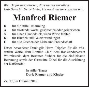 Traueranzeige von Manfred Riemer  von Magdeburger Volksstimme