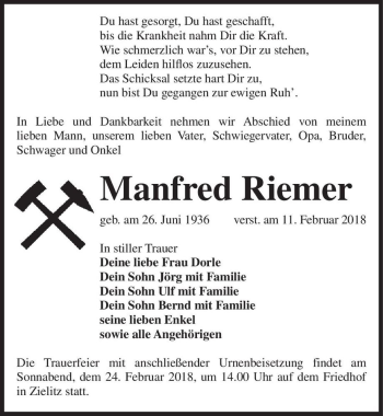 Traueranzeige von Manfred Riemer  von Magdeburger Volksstimme