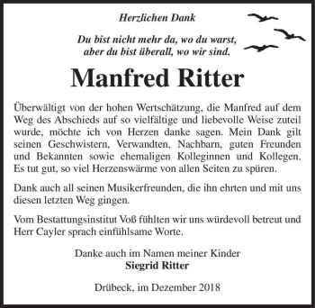 Traueranzeige von Manfred Ritter  von Magdeburger Volksstimme