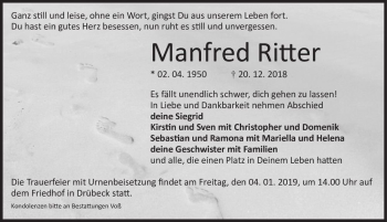 Traueranzeige von Manfred Ritter  von Magdeburger Volksstimme