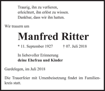 Traueranzeige von Manfred Ritter  von Magdeburger Volksstimme