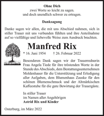 Traueranzeige von Manfred Rix  von Magdeburger Volksstimme