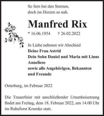 Traueranzeige von Manfred Rix  von Magdeburger Volksstimme