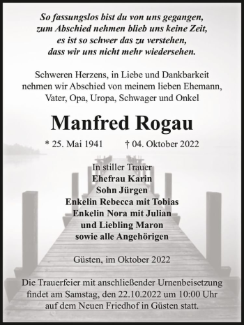 Traueranzeige von Manfred Rogau  von Magdeburger Volksstimme