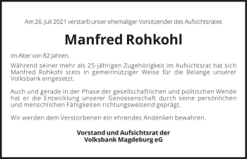 Traueranzeige von Manfred Rohkohl  von Magdeburger Volksstimme