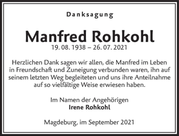 Traueranzeige von Manfred Rohkohl  von Magdeburger Volksstimme